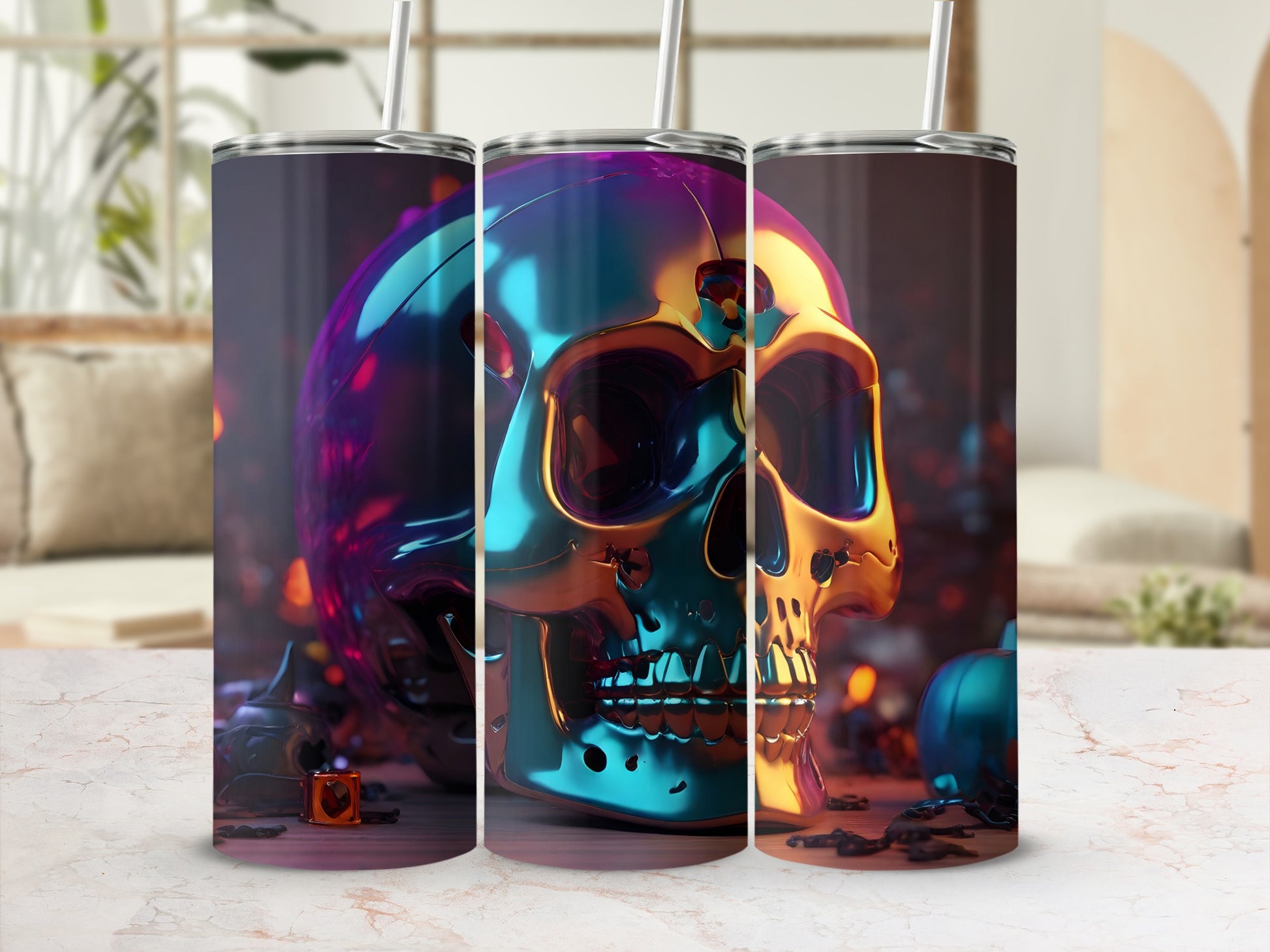 Iridescent skull tumbler with straw against a blurred, festive background.