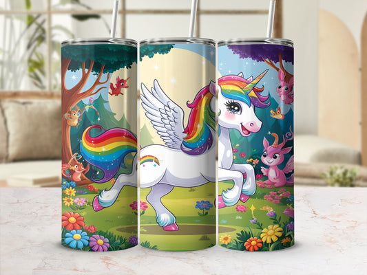 Unicorn with rainbow mane and wings, surrounded by fantasy creatures and flowers.