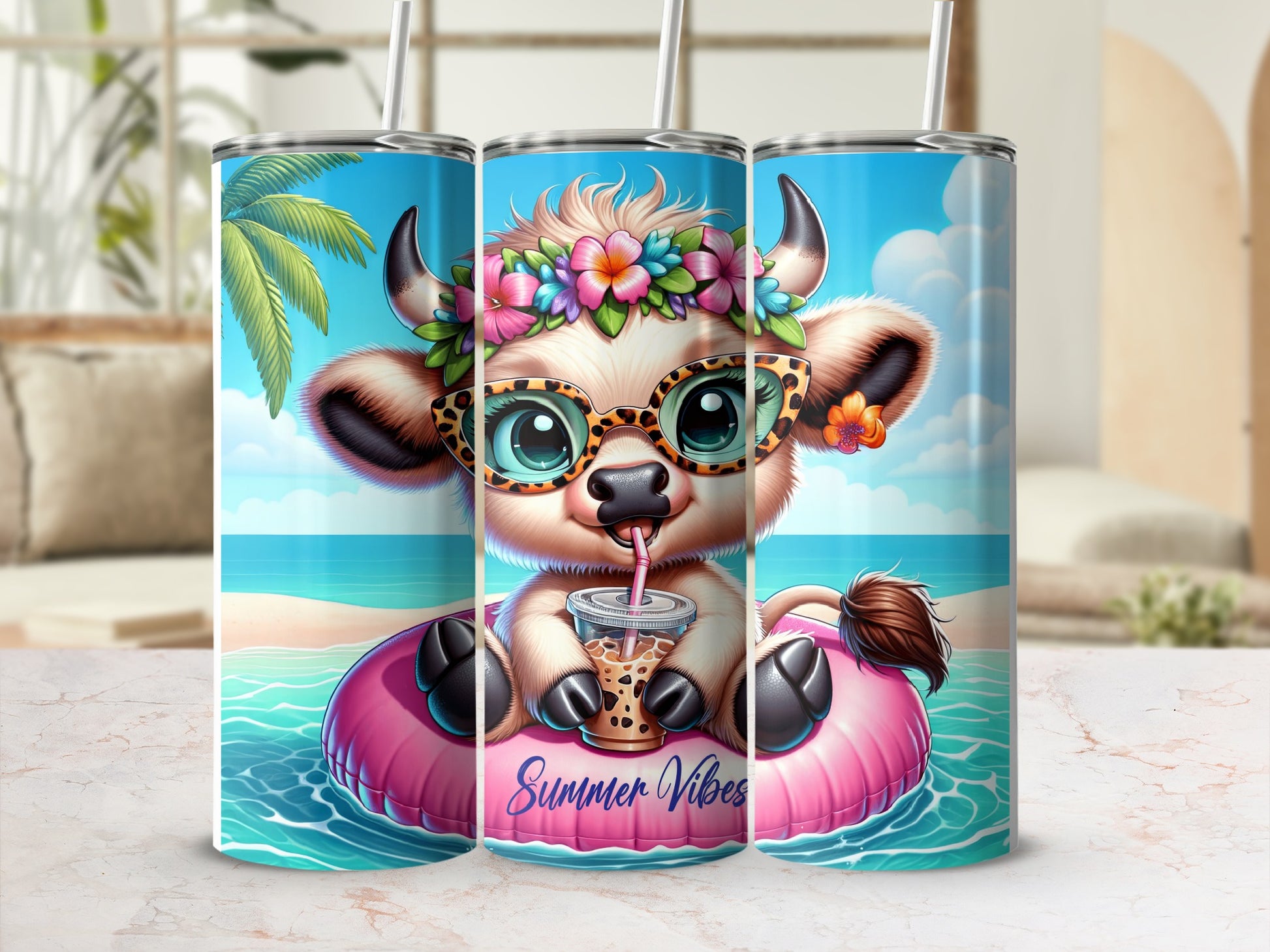 Cute cow with flowers on head and sunglasses floating on inner tube.