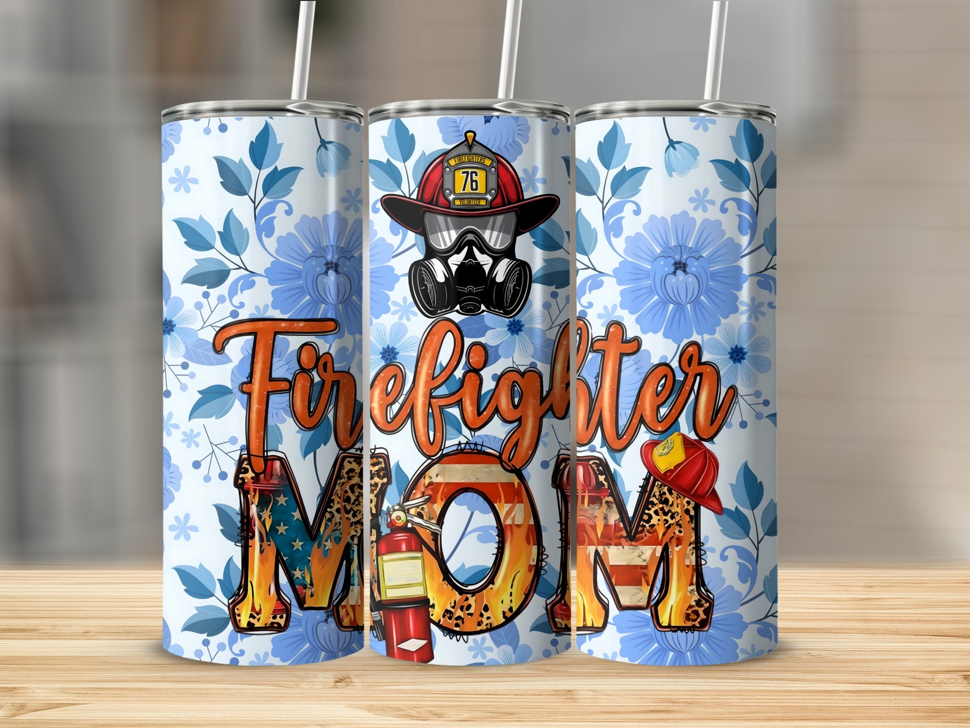 Firefighter Mom Floral Blue Pattern Design Tumbler