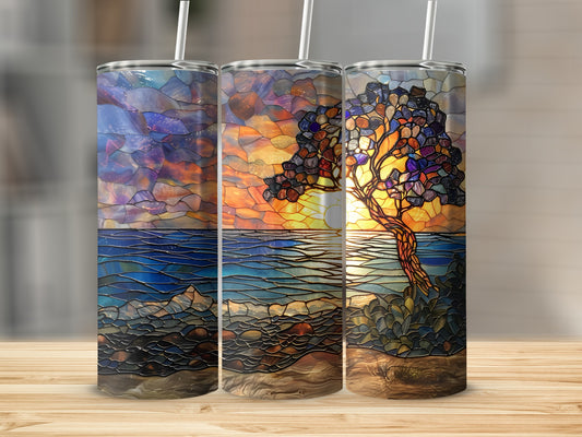 Three tumblers featuring a stained-glass tree at sunset over a body of water.