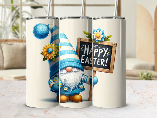Striped gnome holding "Happy Easter" sign with flowers and egg.