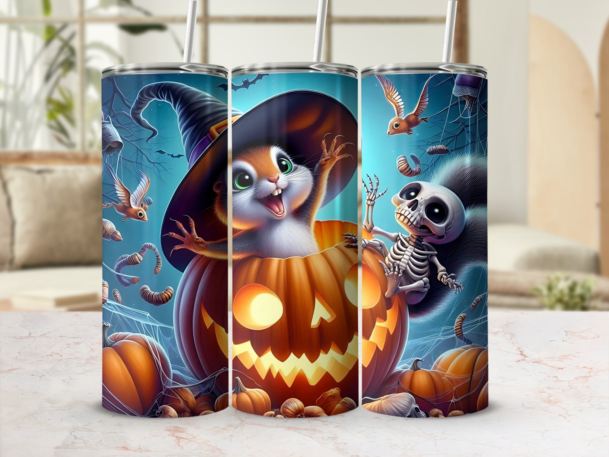 Halloween tumbler featuring a squirrel in a witch hat and a skeleton with pumpkins and bats.