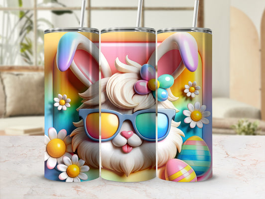 Easter bunny in sunglasses with colorful eggs and flowers.