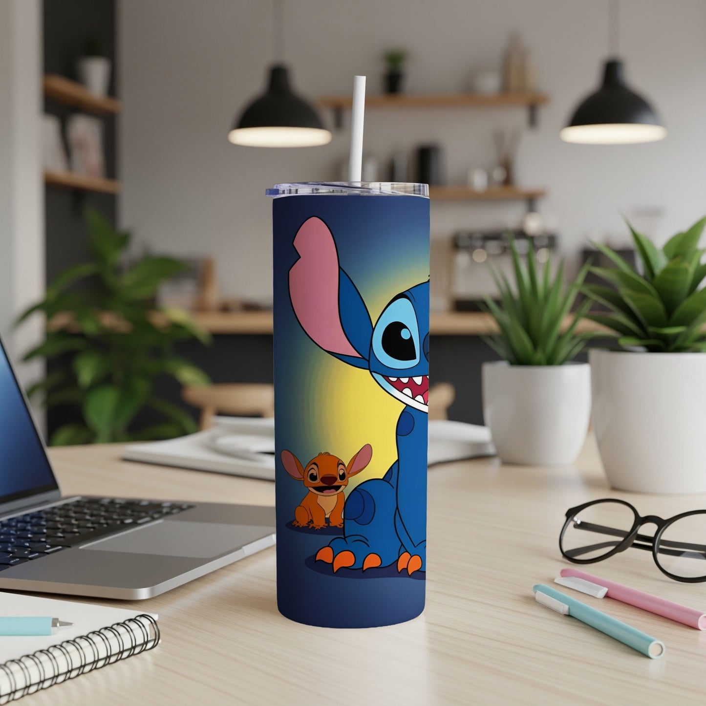 Blue tumbler with Stitch and Scrump characters from Lilo & Stitch.