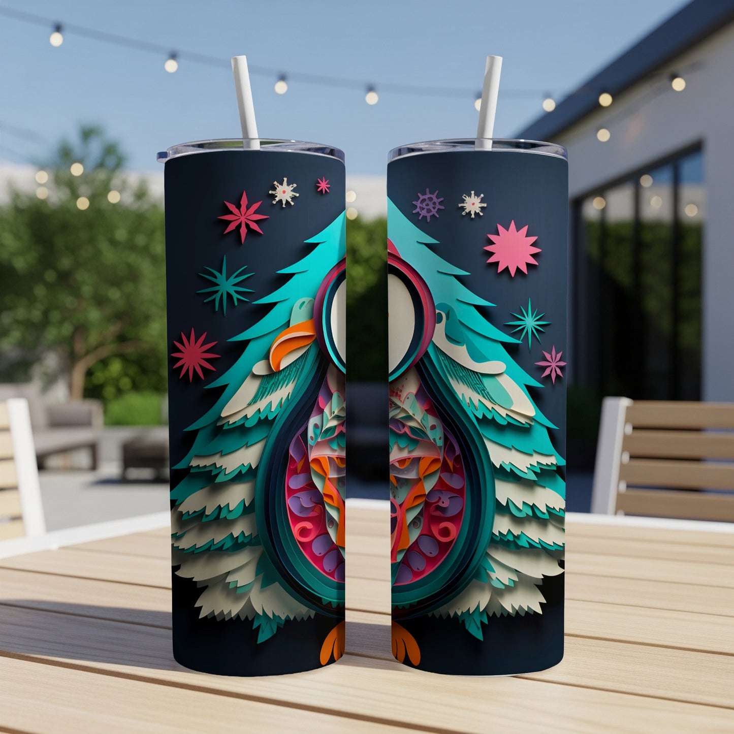 Two owl tumblers with intricate layered paper-cut design and festive holiday motifs.