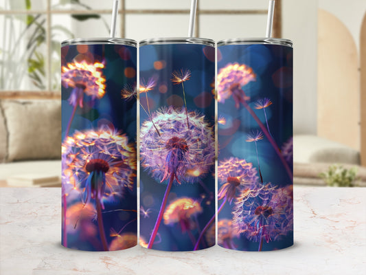 Three tumblers feature bokeh lights and dandelions in soft purple and orange hues.