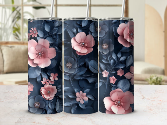Three tumblers with a dark blue background and pink and gray floral patterns.