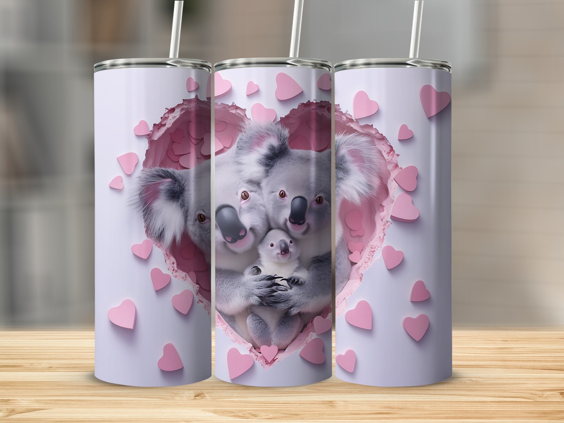 Three tumblers with a heart-shaped opening revealing a koala family.