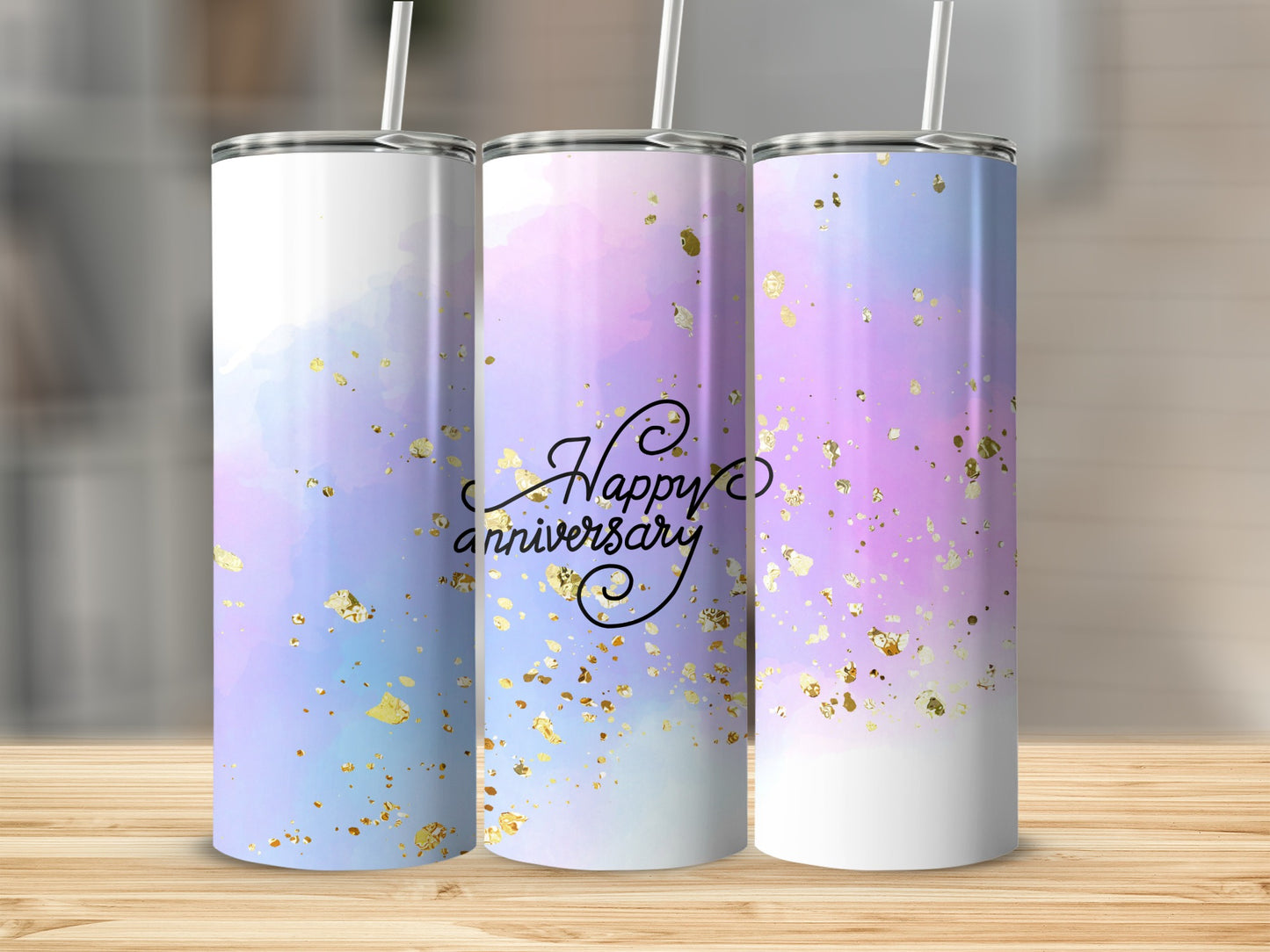 Tumbler with watercolor wash and "Happy Anniversary" text.