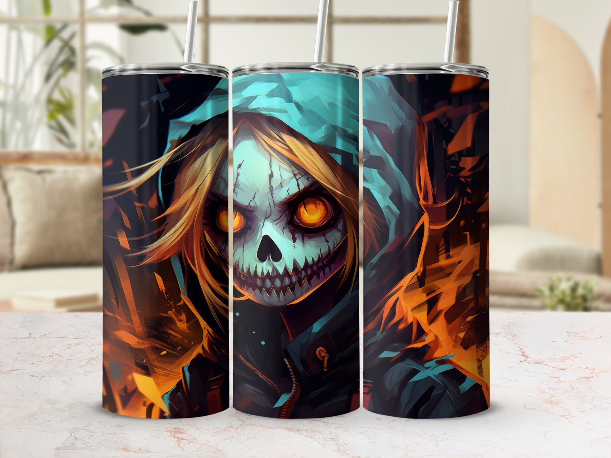 Three tumblers featuring a skull-faced figure with glowing orange eyes and teal hood.