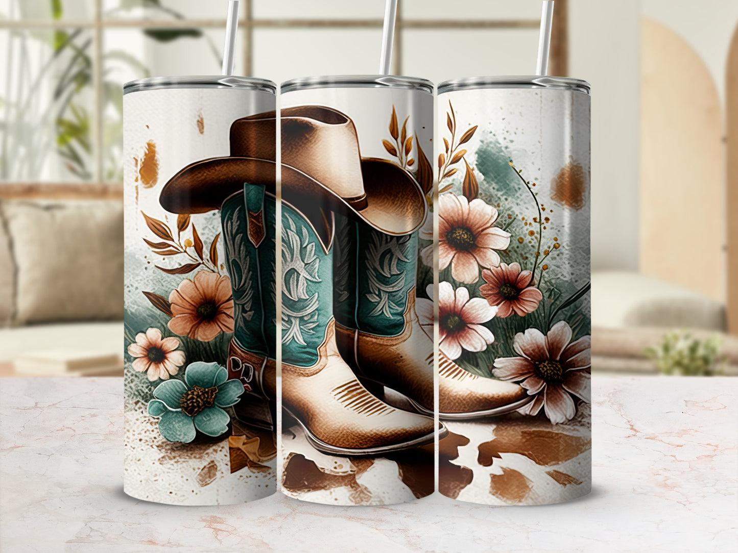 Cowboy hat and boots with floral accents on a tumbler.