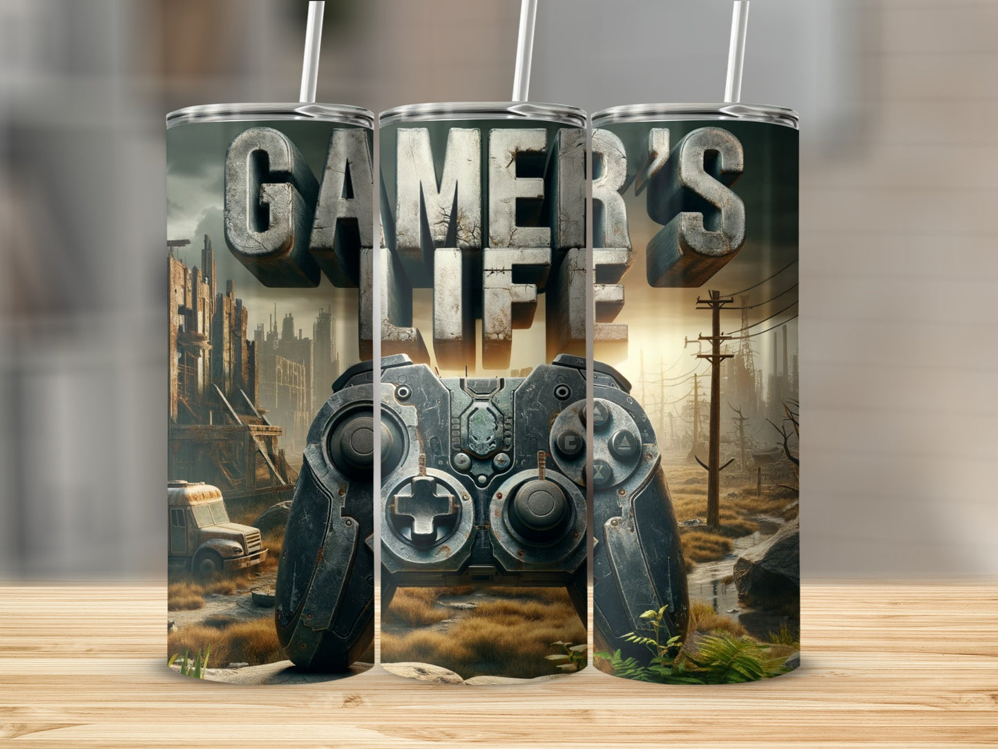 Gamer's Life tumbler with a controller and dystopian city background.