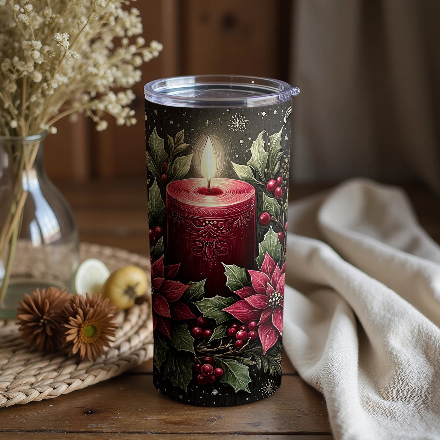 Festive Red Candle Tumbler Perfect for Holiday Celebrations