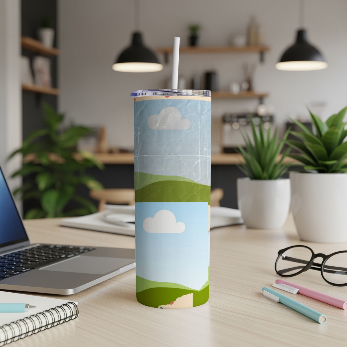Tumbler with a sky, clouds, and rolling green hills design.