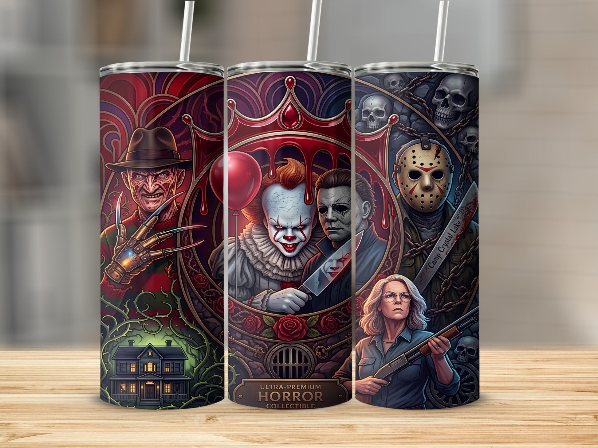 Horror villains Freddy Krueger, Pennywise, Michael Myers, and Jason Voorhees on decorative tumblers.
