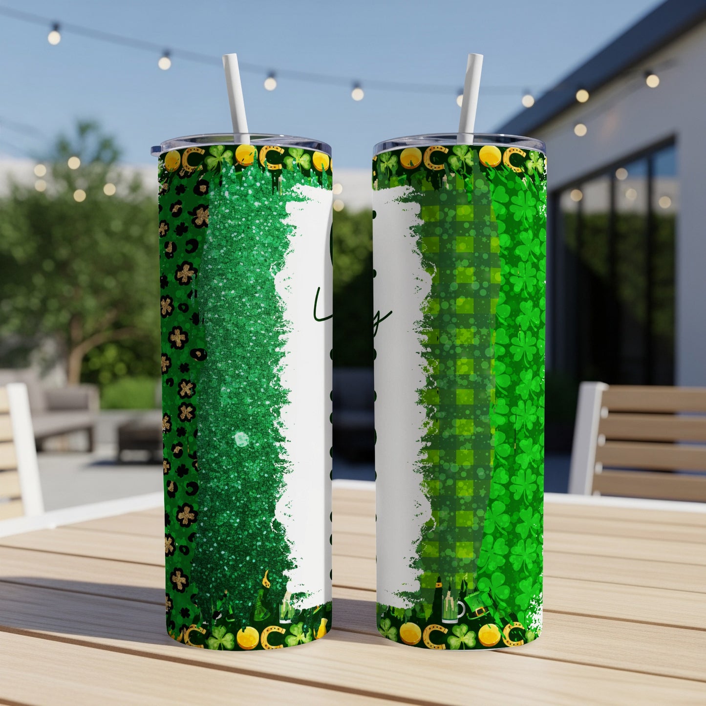 Green St. Patrick's Day tumbler with shamrocks, gold horseshoes, and glitter accents.