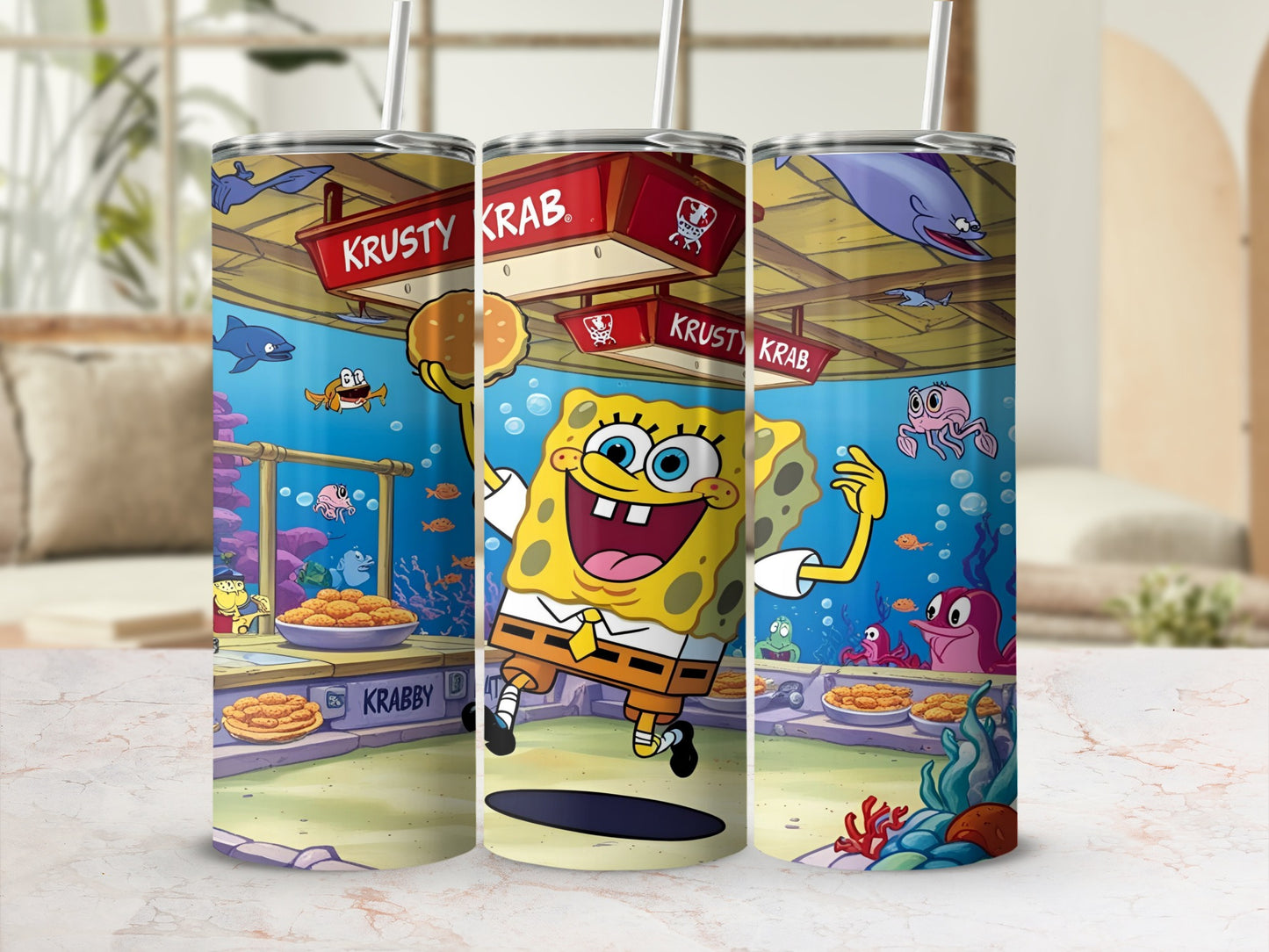 SpongeBob SquarePants jumping in Krabby Patty kitchen with animated sea creatures.