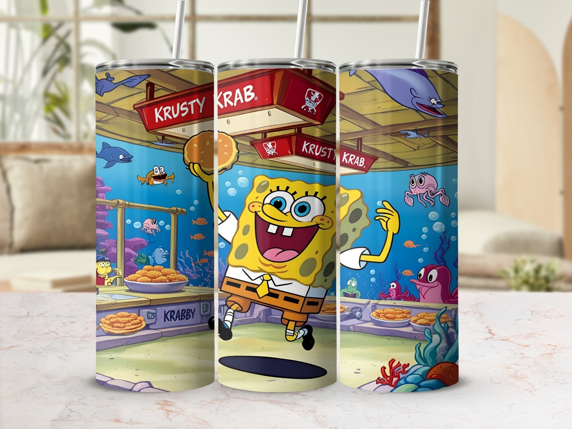 SpongeBob SquarePants jumping in Krabby Patty kitchen with animated sea creatures.