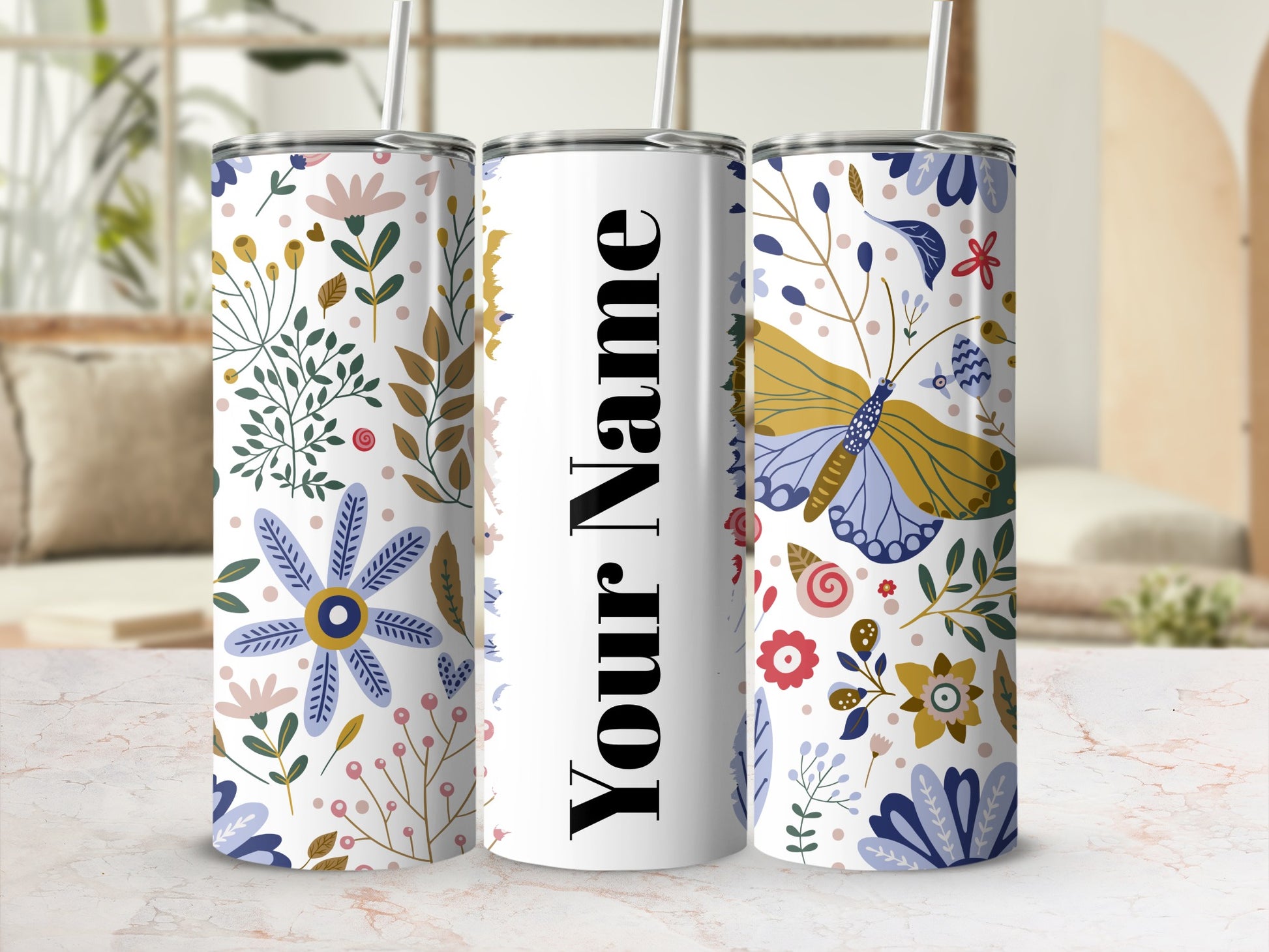 Personalized Floral and Butterfly Design Tumbler