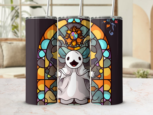 Ghost in stained glass pattern on a dark tumbler.