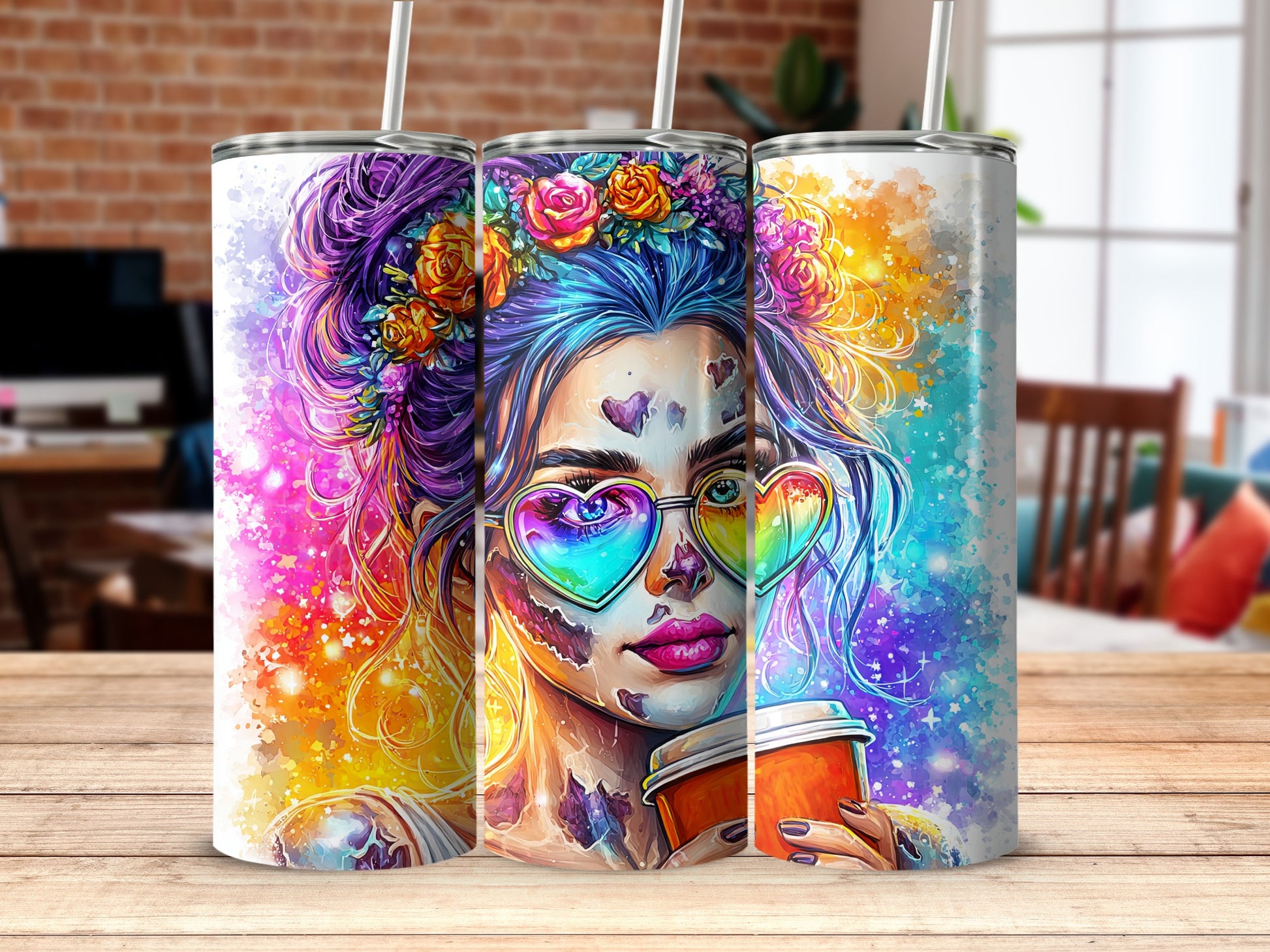 Vibrant Artistic Tumbler with Heart Sunglasses Design