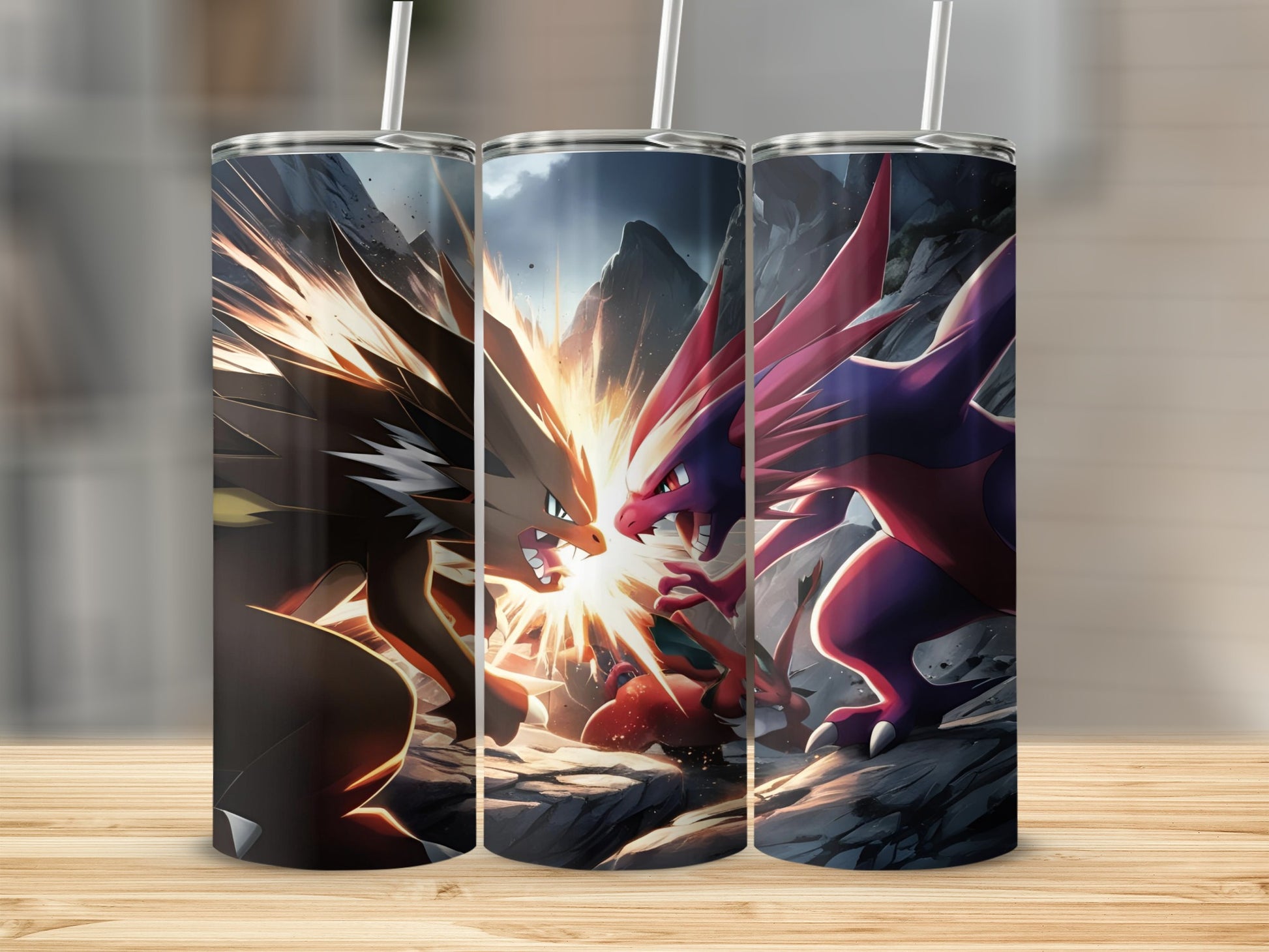 Pokemon creatures battle with fire and lightning effects on a rocky terrain.