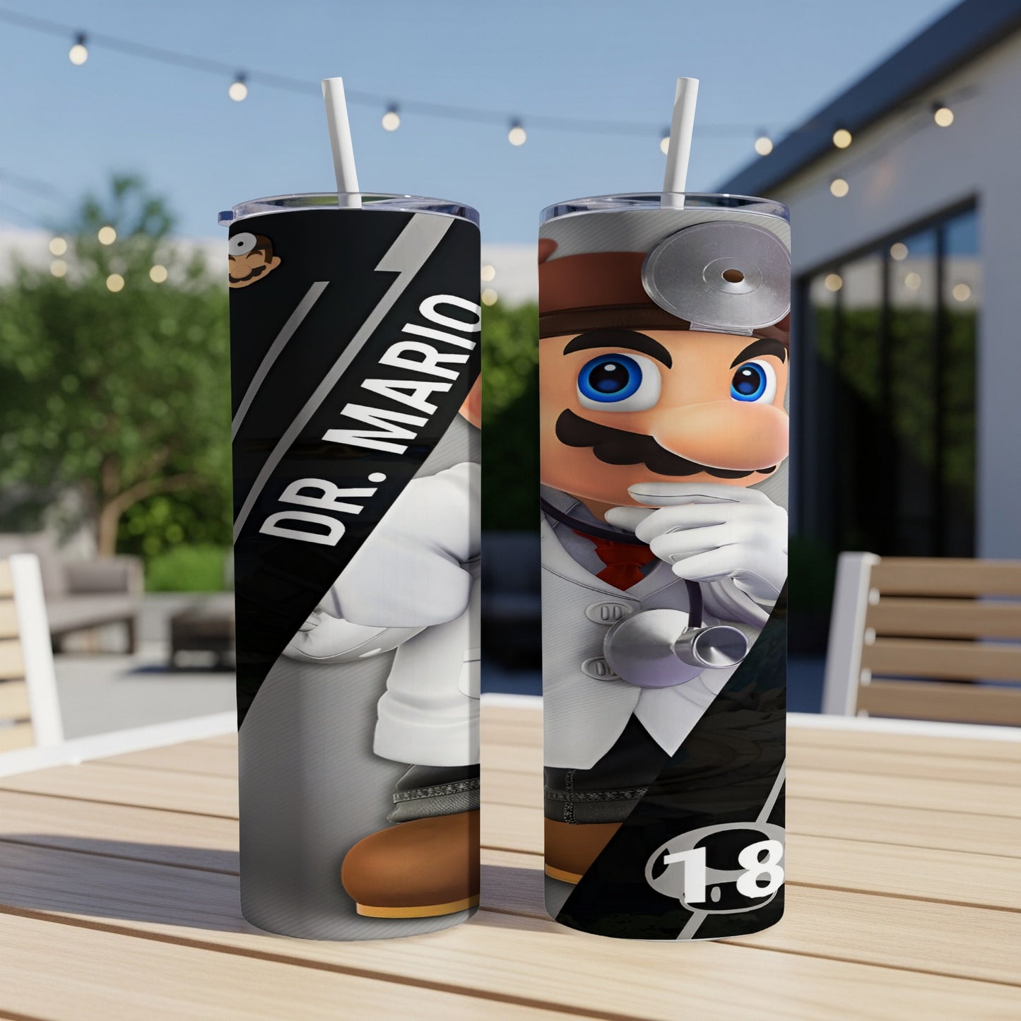 Dr. Mario in medical attire on a tumbler, with "DR. MARIO" and "1.8" text.