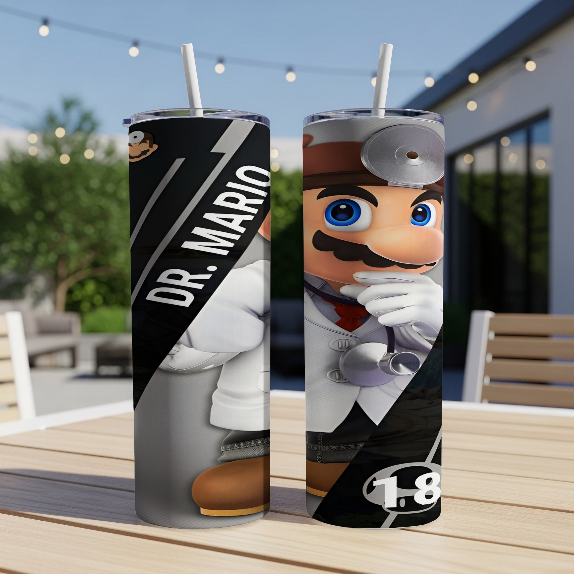 Dr. Mario in medical attire on a tumbler, with "DR. MARIO" and "1.8" text.