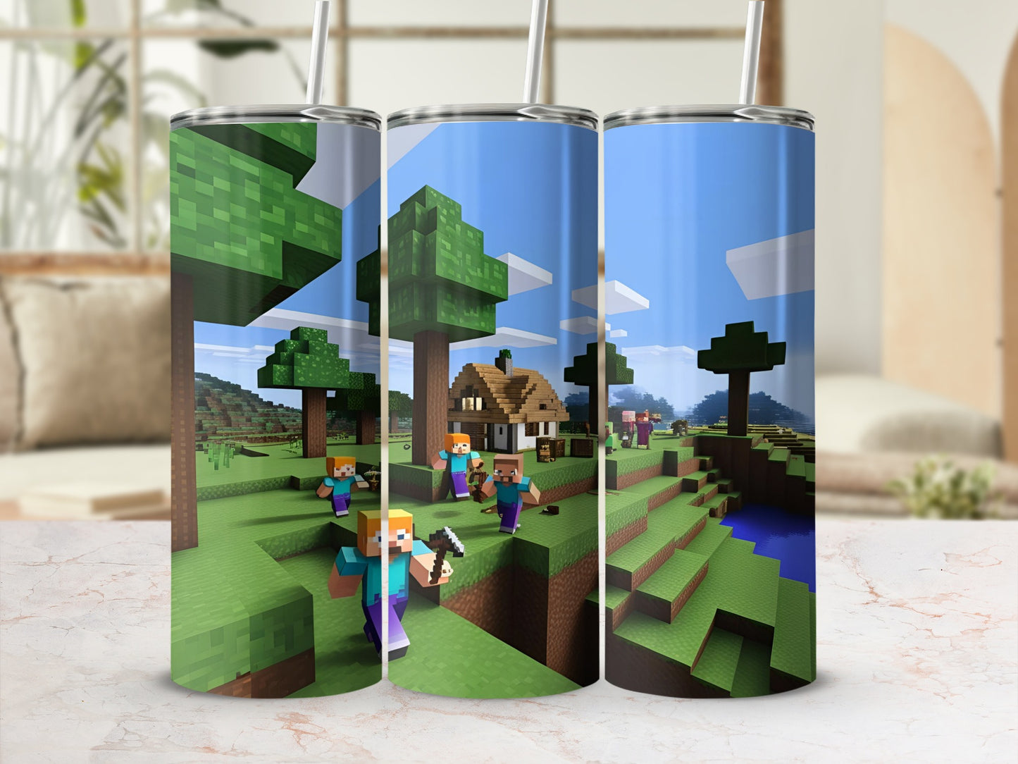 Minecraft characters on green terrain with trees, water, and a house.
