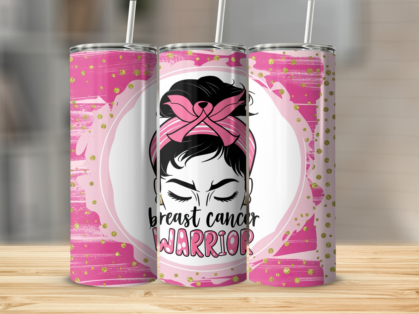 Pink tumbler with "Breast Cancer Warrior" text and a woman's silhouette.