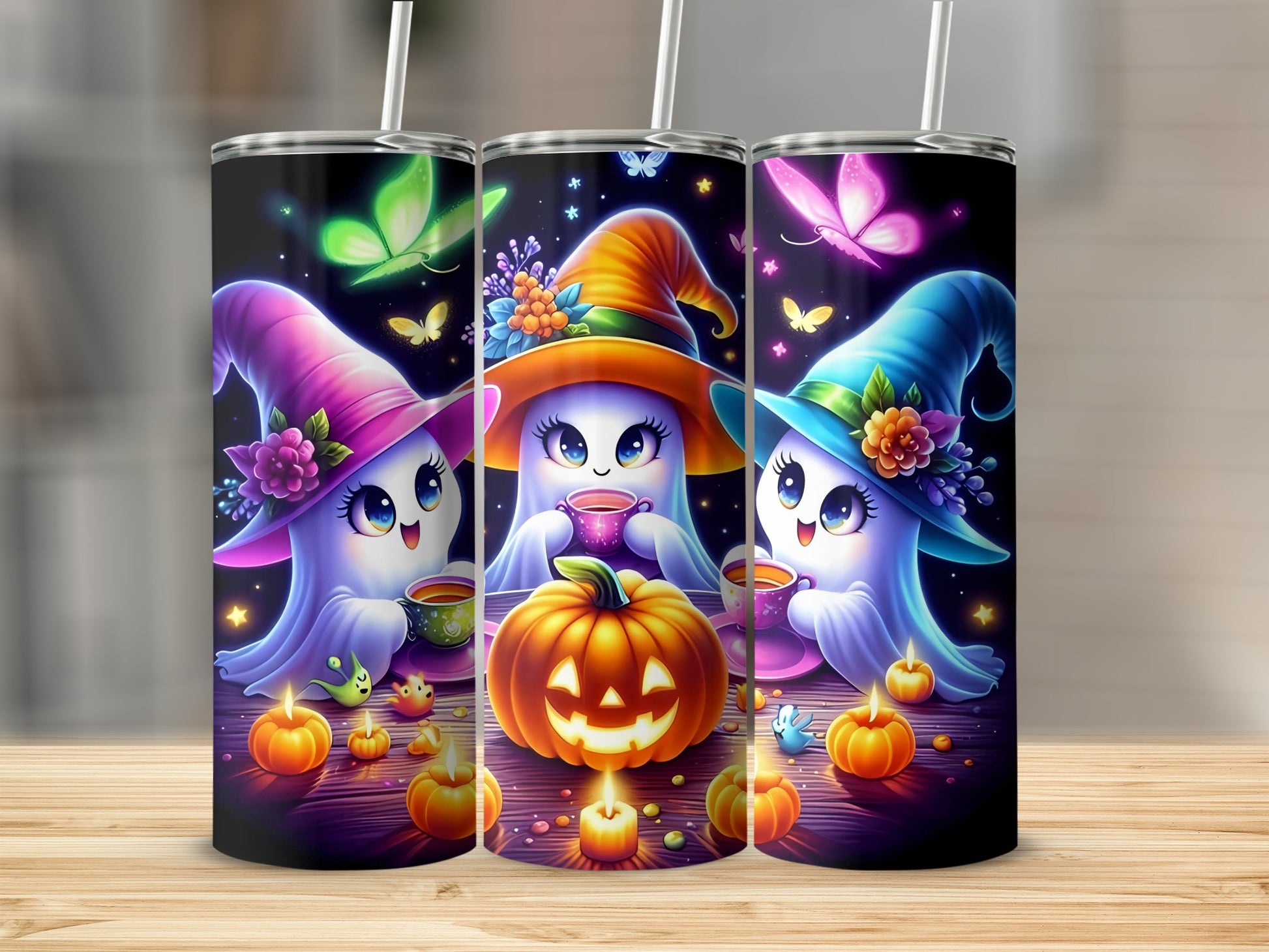 Three cute ghosts in witch hats with pumpkins, candles, and butterflies.