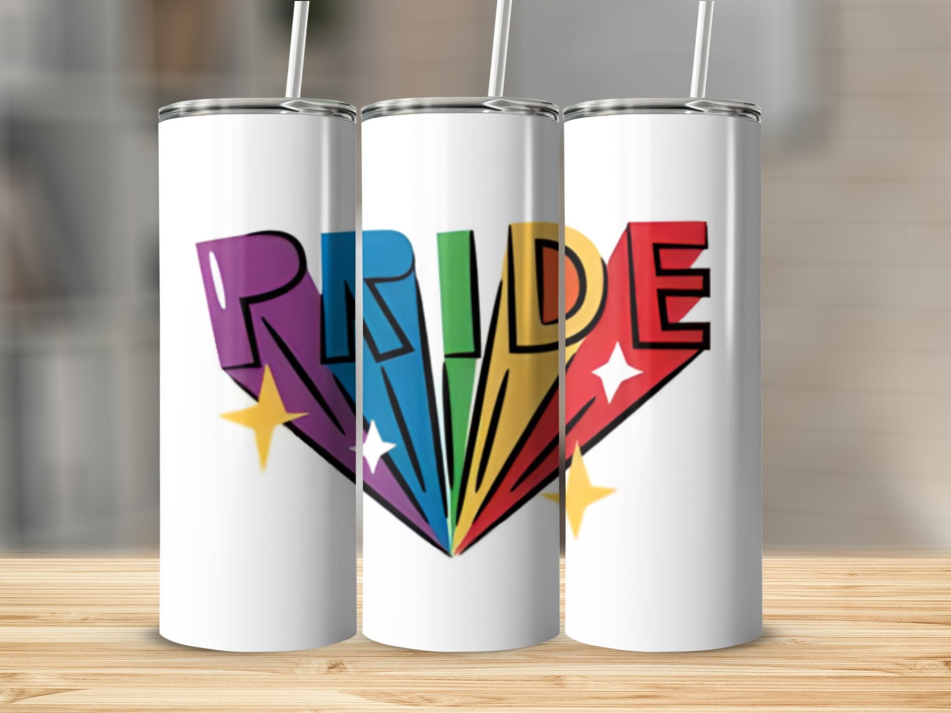 Pride word in rainbow colors with yellow stars on white tumblers.