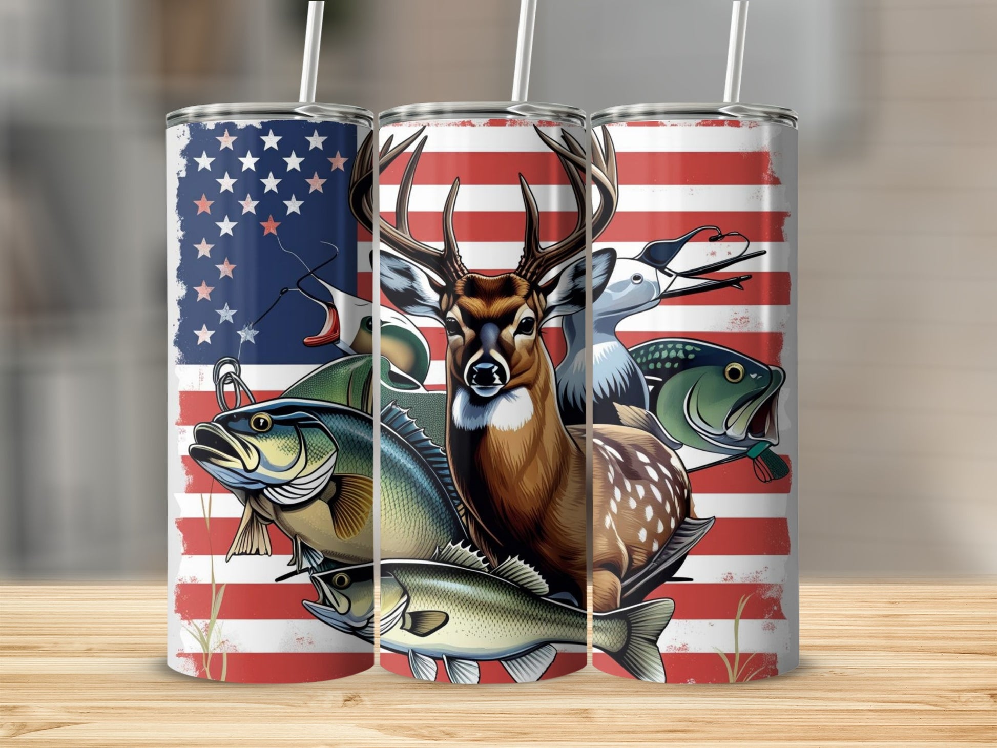 American Flag Wildlife and Fishing Design Tumbler