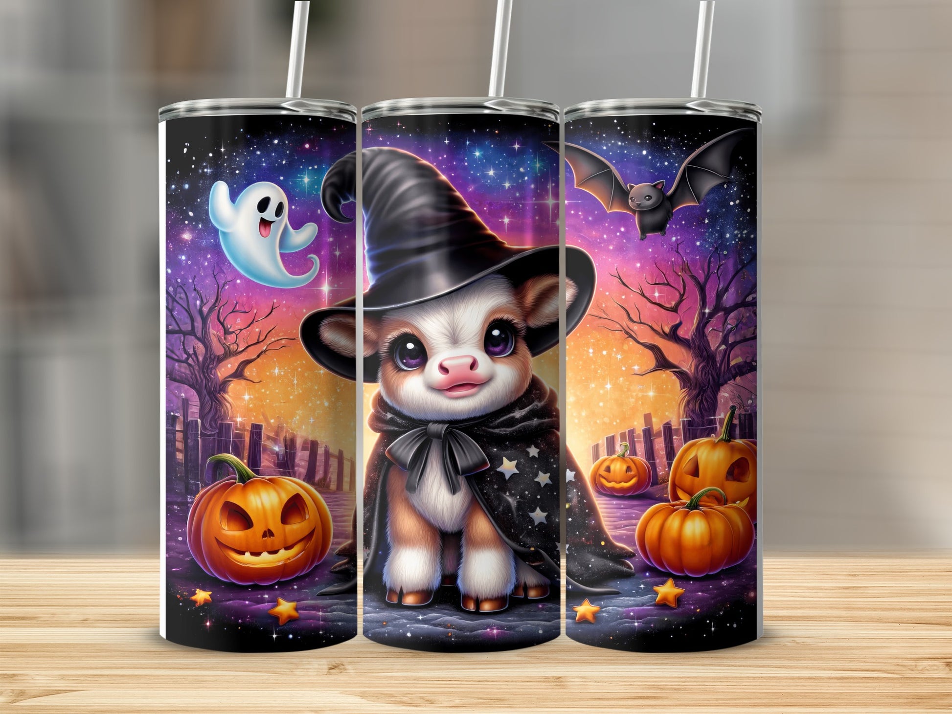Cute baby cow in witch hat and cape, with pumpkins and ghosts.