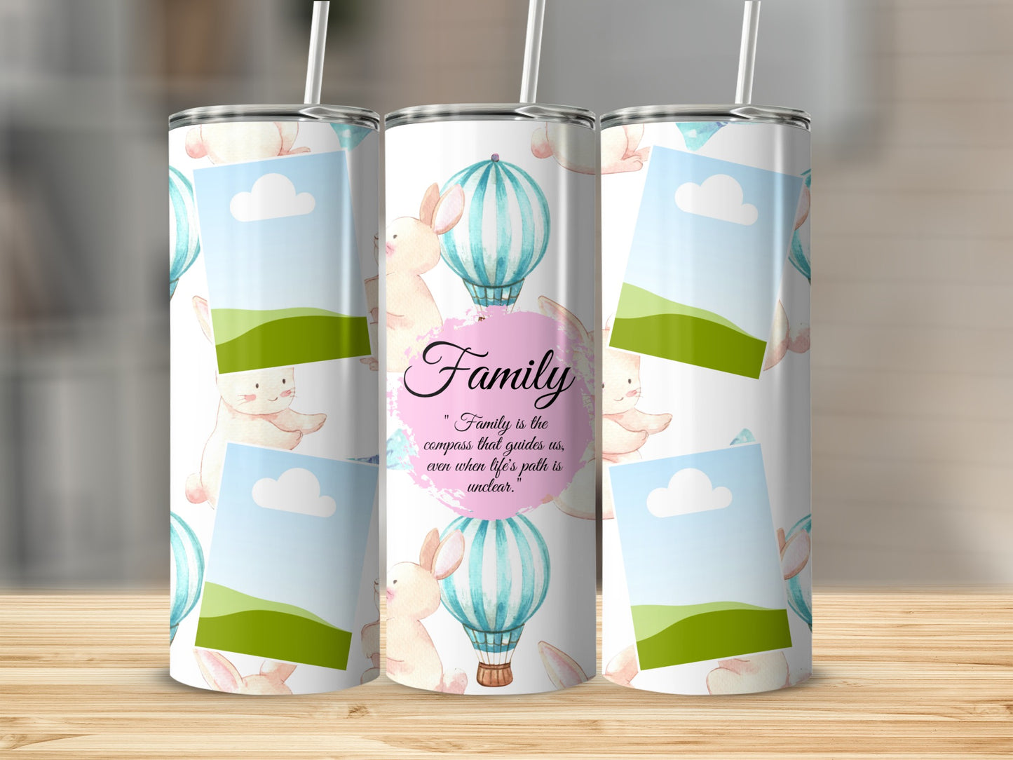 Tumbler with watercolor bunnies, hot air balloons, and "Family" quote.