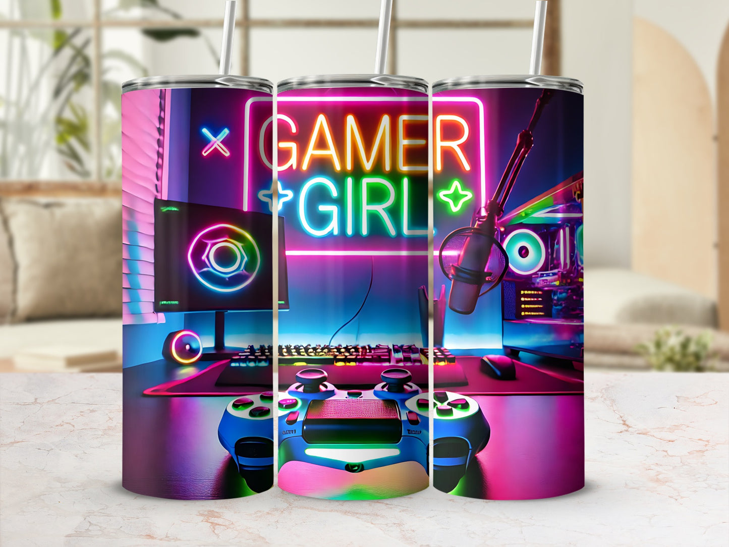 Neon "Gamer Girl" sign above a gaming setup with controller and computer.