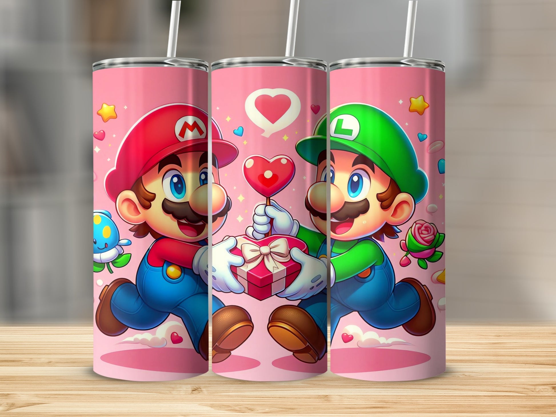 Cute Mario and Luigi Pink Hearts Tumbler Cup with Straw
