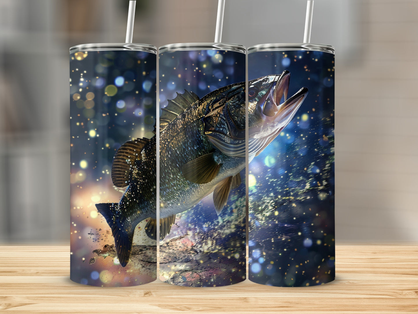 Three tumblers featuring a leaping fish with a bokeh background.