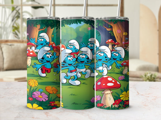 Smurfs dancing in a colorful mushroom forest.