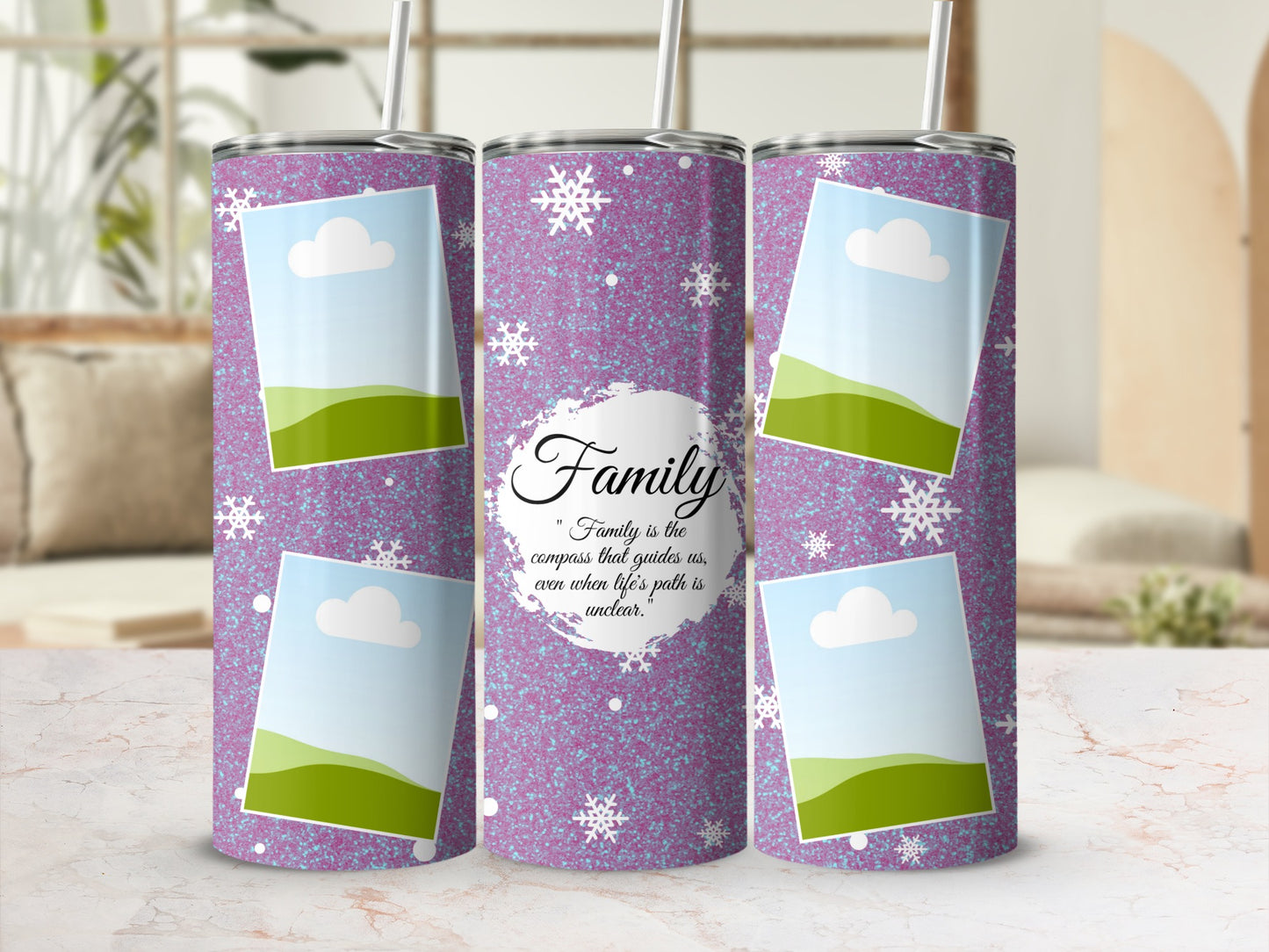 Purple glitter tumbler with snowflakes and framed landscape photos. Features quote about family.