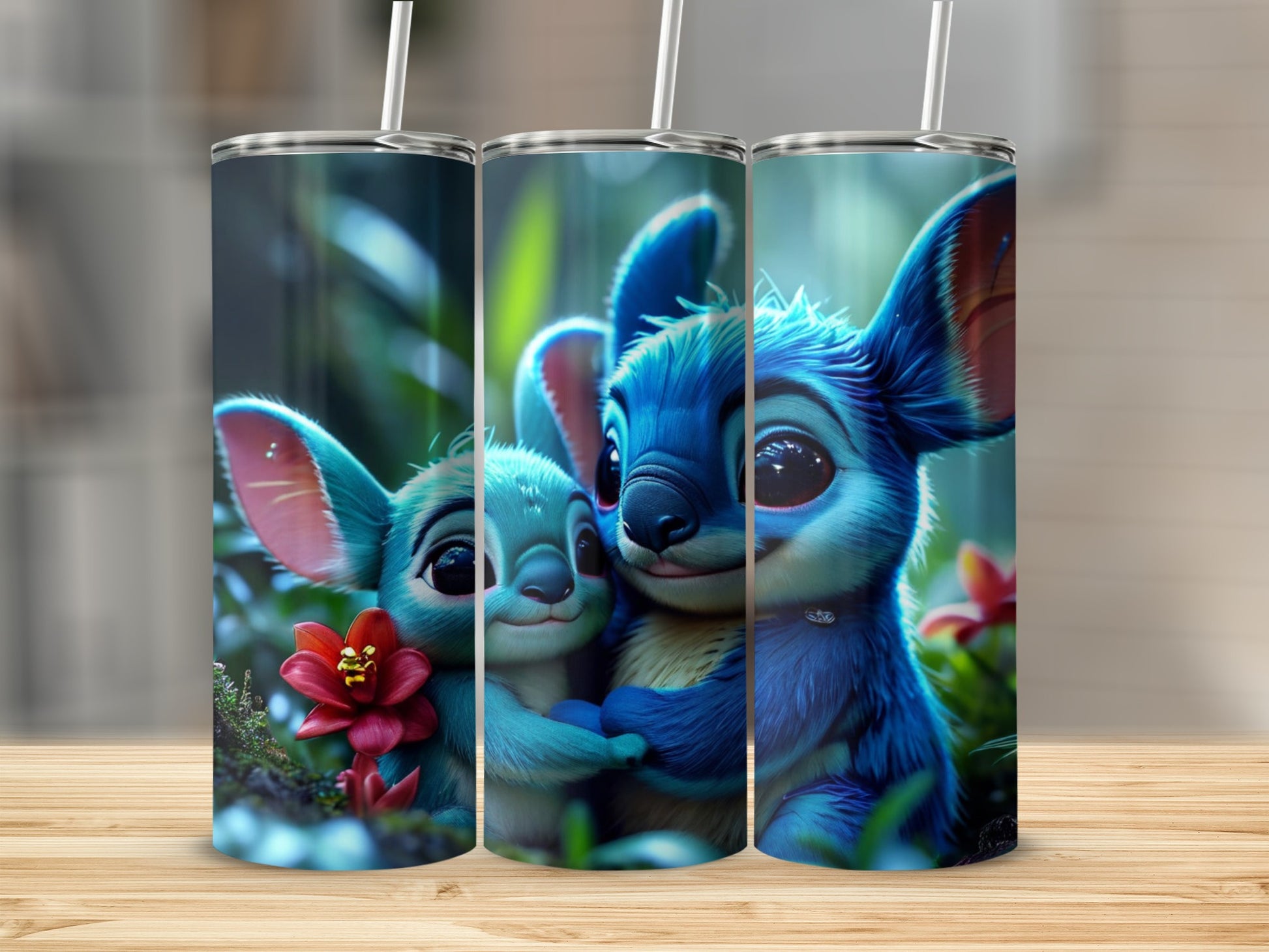 Two blue Stitch characters embrace, one smaller, holding a red flower.