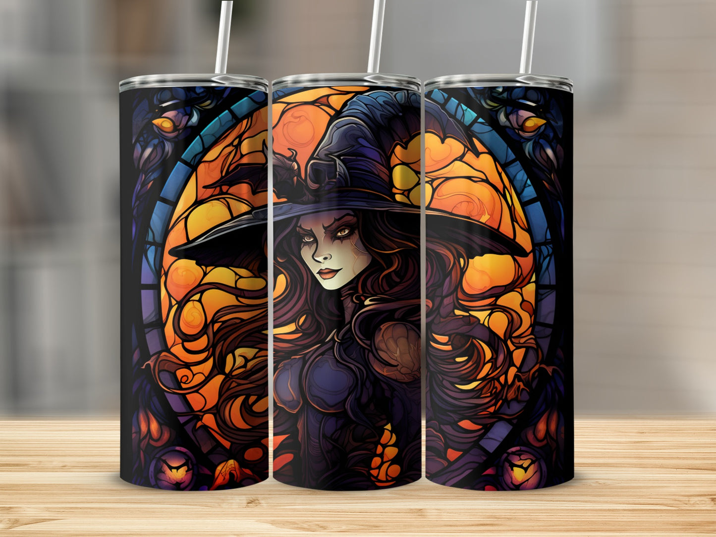 Witch with flowing hair and glowing eyes against a stained glass background.