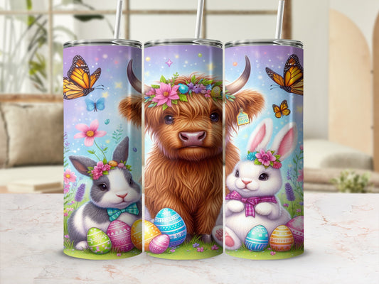Easter highland cow, bunny, and butterflies on pastel speckled eggs.
