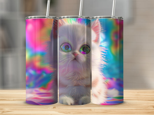 Kitten with large, colorful eyes on a holographic tumbler.
