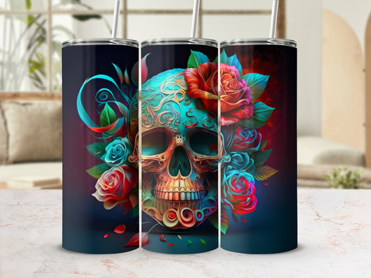 Artistic skull with colorful roses, ideal for a tumbler design.