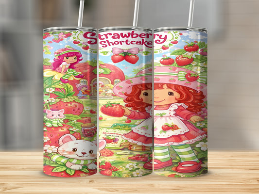 Strawberry Shortcake character holding strawberry with character and fruit illustrations.
