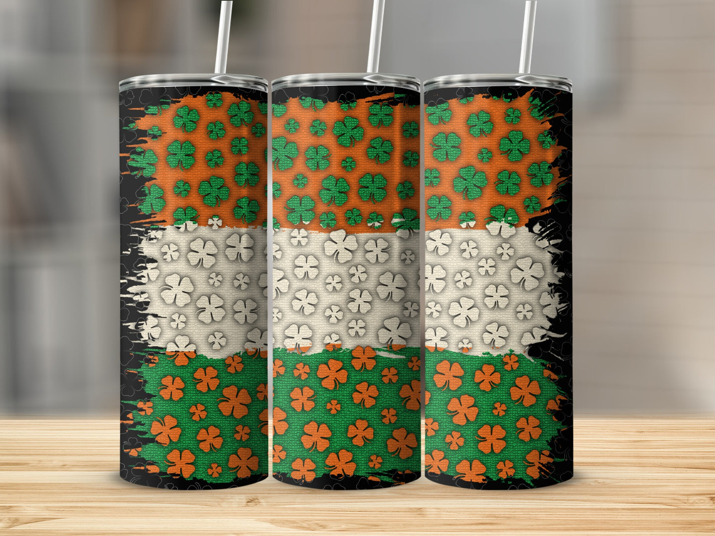Shamrock patterned tumbler with Irish flag design.