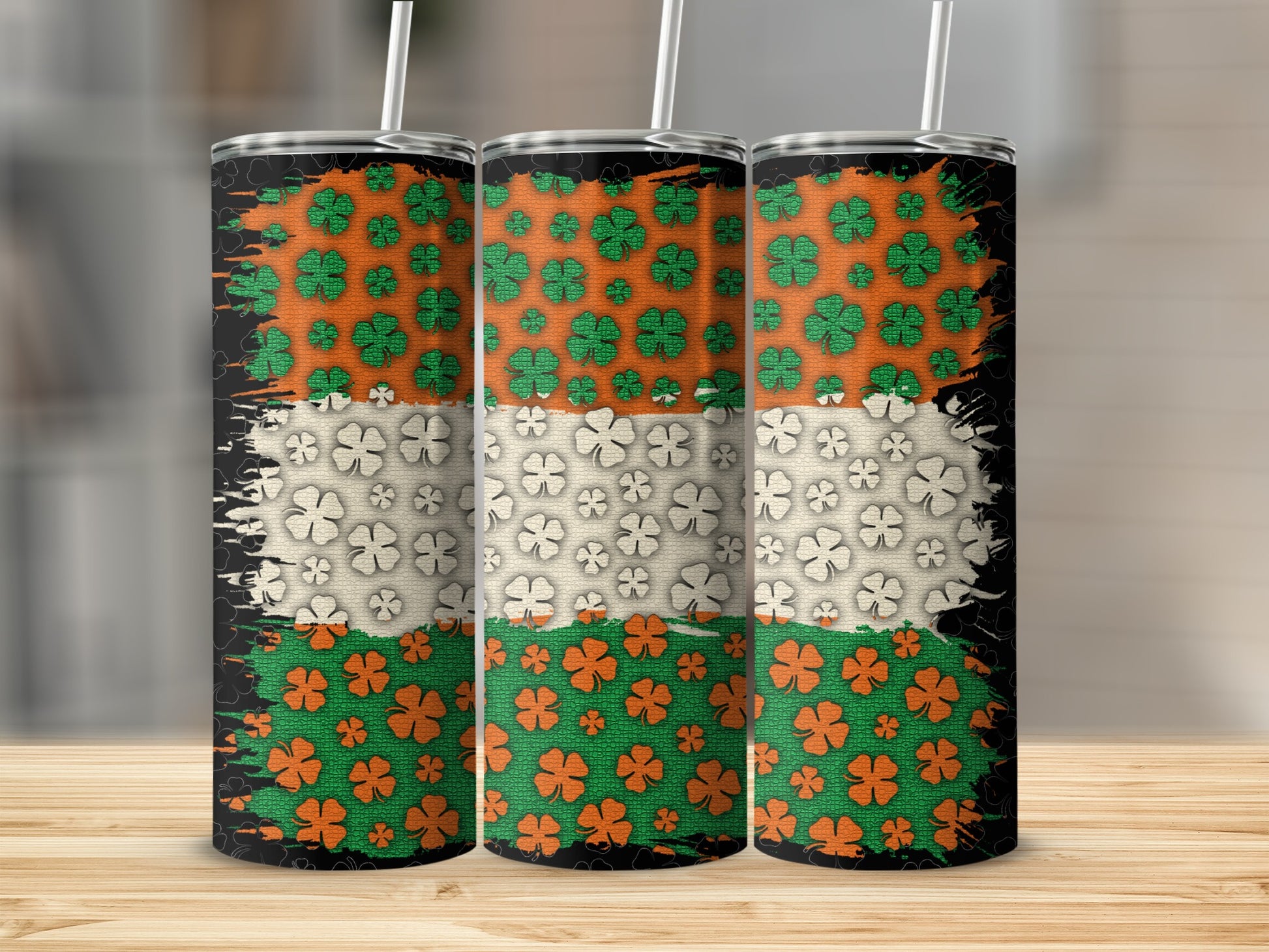 Shamrock patterned tumbler with Irish flag design.