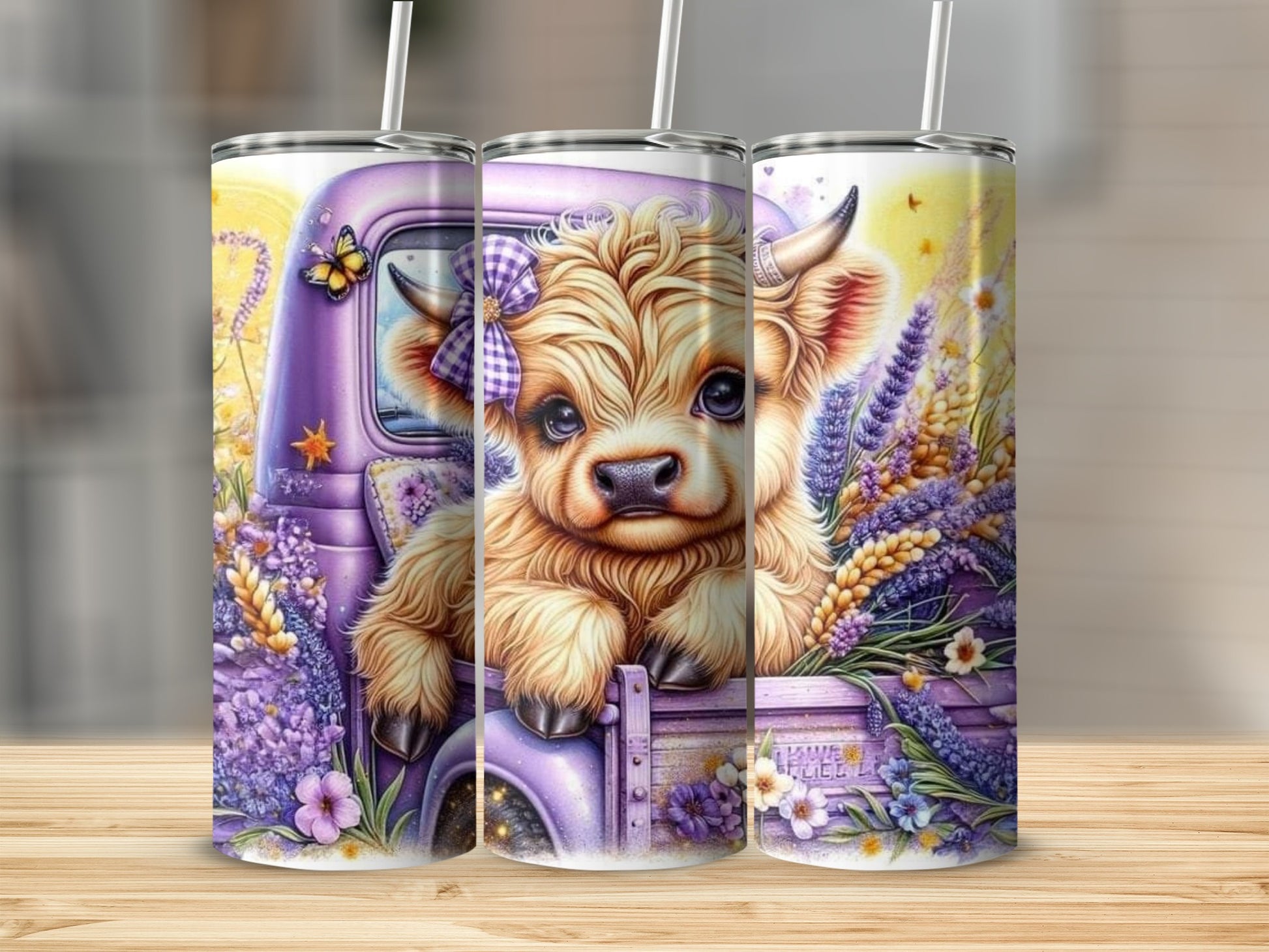 Cute Highland Cow and Lavender Flowers Tumbler